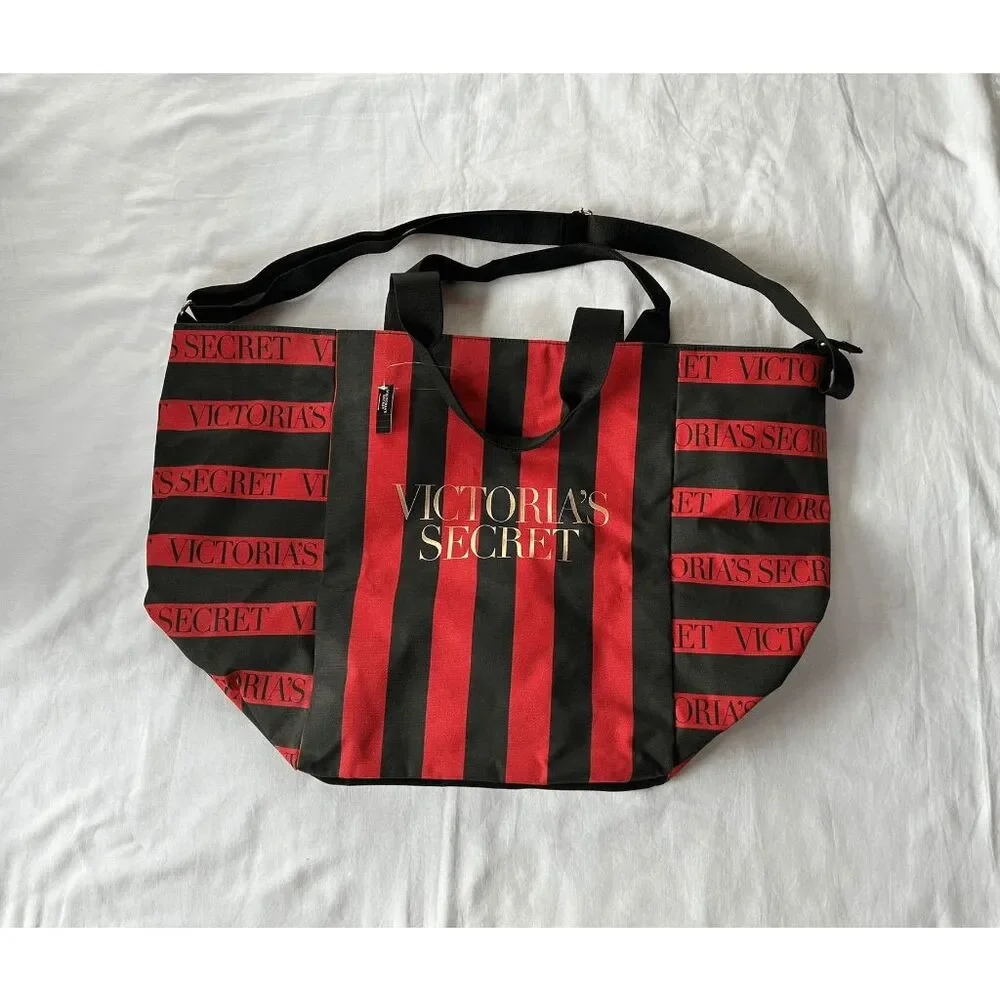 Victoria's Secret Red/Black Striped Large Tote/Beach Bag, NWT, Zipper, Crossbody - Picture 1 of 10